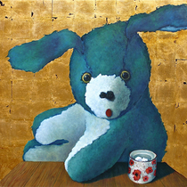 „Bunny mit Zuckerdose“ Dean Hills 2011, Öl und Schlagmetall auf Leinwand, 140 x 140 cm