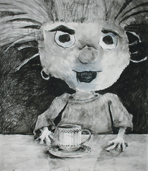 „Pumuckl mit Teetasse“ Dean Hills 2009, Holzkohle und Kreide auf Papier, 180 x 150 cm