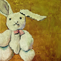 „Weißer Hase mit rosa Schleife“ Dean Hills 2013, Öl, Schlagmetall und Schellack auf Leinwand